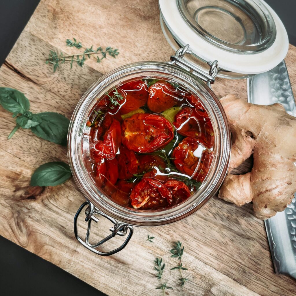 Sun dried tomatoes with olive oil in a jar