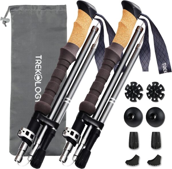 TREKOLOGY Trekking Poles Collapsible Nordic Hiking Poles - Cork Handle 2pc Ultralight Folding Walking Sticks, Hiking Sticks, Lightweight Aluminum Foldable Trekking Walking Sticks for Seniors Women Men